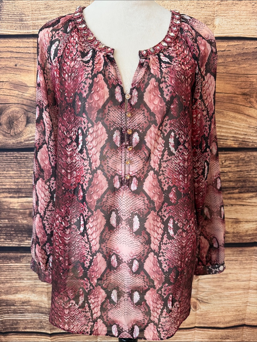 V Cristina Pink Snake-Print Beaded Neck Blouse